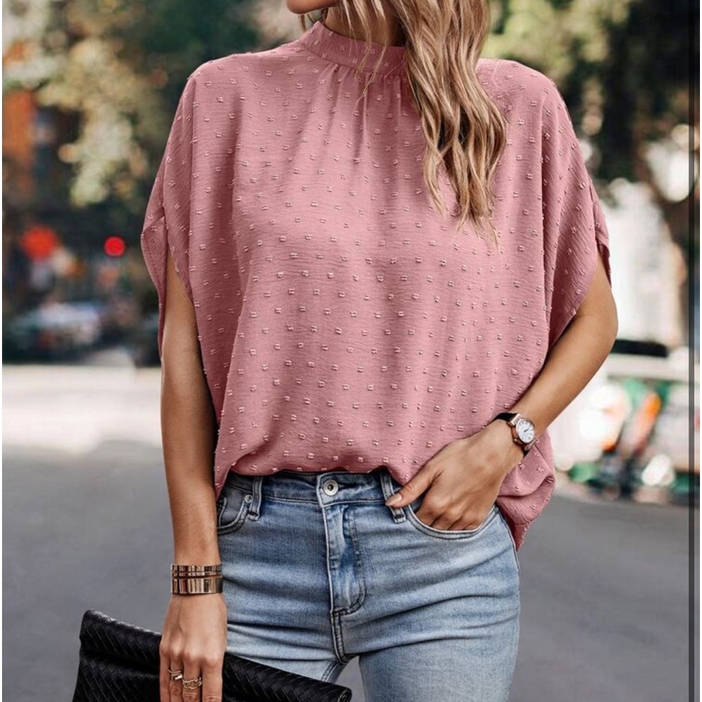 Boho Swiss Dot Batwing Sleeve Mock Neck Tie Back Top Blouse Shirt - Picture 6 of 10